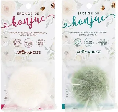 Produktbild von 2 Konjac Nature und Konjac-Schwämmen mit grünem Ton und grünem Tee