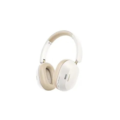 A pair of white and beige wireless headphones is shown against a white background.