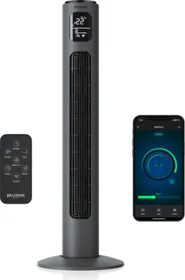 Produktbild von Brandson Turmventilator mit Fernbedienung, WiFi, ECO DC-Motor 35W, App-Steuerung/Sprachbefehl, Timer, Oszillation, Preisträger 2025, extrem leise, 12 Geschwindigkeitsstufen,