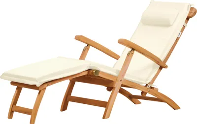 A wooden lounge chair with a white cushion and headrest, shown against a white background.