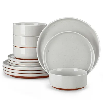 Image de Service de table en céramique stoneware, 12 pièces, set de vaisselle pour 4 personnes, assiettes plates, assiettes à dessert et bols, Gris