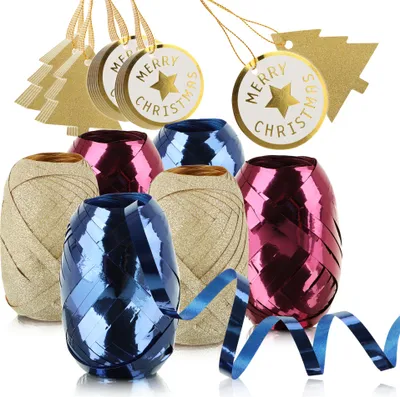 Produktbild von com-four® 30-teiliges Verpackungsdekoset - Geschenkbänder und Geschenkanhänger zum Verpacken und Dekorieren - Deko-Ringelbänder und Anhänger zum Beschriften