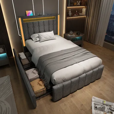 Immagine prodotto di okwish Letto imbottito 90x200 con 2 cassetti e ricarica USB Type-C, letto per giovani con illuminazione LED, singola, grigio, senza materasso