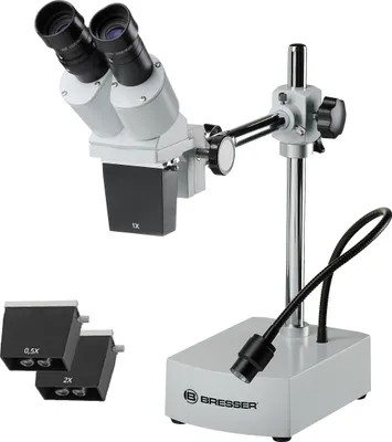 Produktbild von Bresser Stereomikroskop mit Schwenkarm 0.5x 1.0x 2.0x Objektive LED-Beleuchtung 230mm Arbeitsabstand Löten SMD