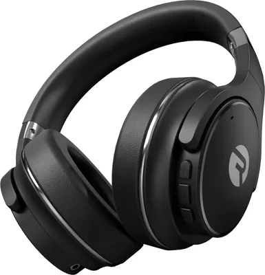 A black over-ear headphone is shown from a diagonal angle against a white background.