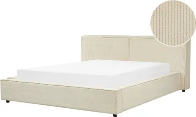 Produktbild von BELIANI Polsterbett Beige Cord mit Lattenrost 160 x 200 cm Hohes Gestepptes Kopfteil Retro Design Doppelbett Ehebett Schlafzimmer Ausstattung Möbel