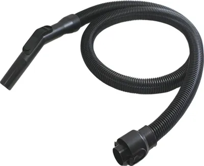 A black vacuum cleaner hose with a handle on one end and a connector on the other, laid out on a white background.