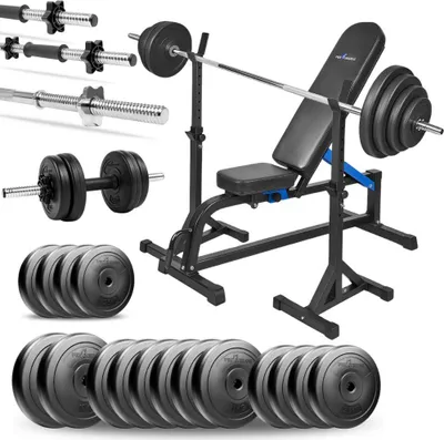 Zdjęcie produktu dla Zestaw do ćwiczeń siłowych 110 kg z ławką regulowaną, stojakami, gryf prosty 180 cm i gryf lekko łamany 120 cm, obciążenie 65 kg do ćwiczeń domowych