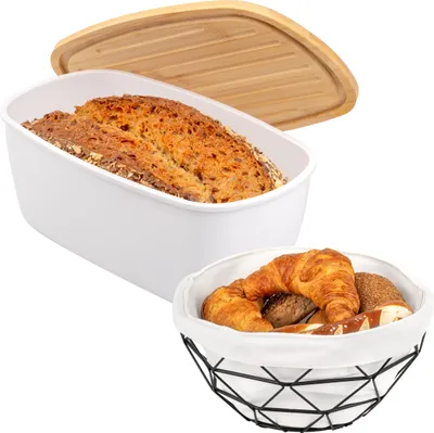 Image de Ensemble de rangement pour pain eluno 2 pièces - boîte à pain ovale en plastique blanc et panier à pain en métal avec couvercle en tissu