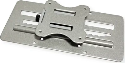 A close-up studio shot of a metal VESA mount bracket.