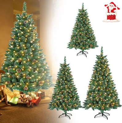 Produktbild von XINZI 240cm Künstlicher Weihnachtsbaum PVC Grün – Mit LED, Schnee-Effekt & Kiefernzapfen, inkl. Ständer, perfekte Weihnachtsdeko