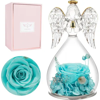 Produktbild von Engel Figur mit Ewiger Rose in Glaskuppel Hellblau Geschenk für Frauen