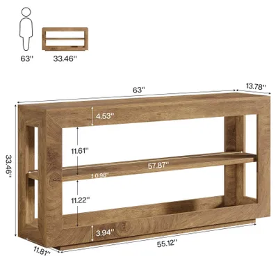 Image de Table console "Flurtisch" - Table d'entrée avec étagère - Rangement à 3 niveaux - Style rustique en bois - Rectangulaire, dimensions : 160 x 35 x 85 cm - Marron