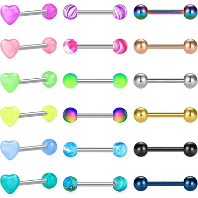 Obrázok produktu pre Piercing jazyka, piercing bradaviek, zmiešané farby, 14G, chirurgická oceľ, zirkón, trblietavá guľa, 18 kusov, 16 mm