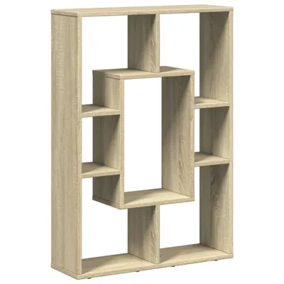 A freestanding bookshelf with multiple compartments.