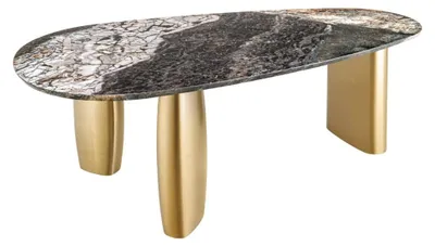 Productafbeelding van Eettafel NERA - Ovaal 200 cm - Grijs marmeren blad - Gouden metalen poten - Chique stijl