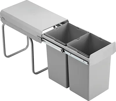 A double waste bin system with a lid, mounted on a sliding mechanism.