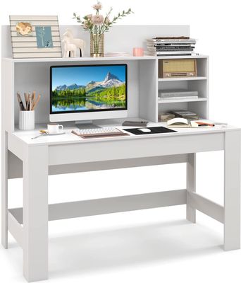 COSTWAY Biurko z półką, biurko komputerowe z otworami na kable, nowoczesne biurko do pracy, biurko komputerowe, biurko do gabinetu i sypialni, białe, 120 x 54 x 129 cm