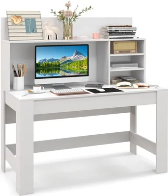 Produktbild von COSTWAY Biurko z półką, biurko komputerowe z otworami na kable, nowoczesne biurko do pracy, biurko komputerowe, biurko do gabinetu i sypialni, białe, 120 x 54 x 129 cm