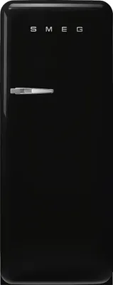 A black SMEG refrigerator with a silver handle.