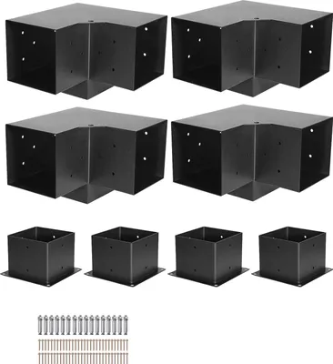 Image de SucceBuy Connecteur de poteau, support d'angle pour poteau de 142 x 142 mm, y compris 4 supports d'angle à 3 voies & 4 supports de poteau, kit de fixation de pergola pour pavillons et pergolas de terrasse