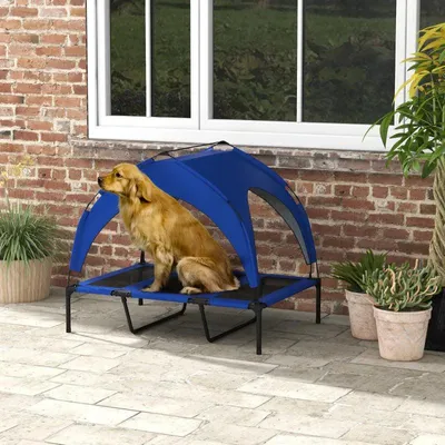 Image de Lit surélevé pour chien avec auvent et sac de transport | Couleur : Bleu foncé | Dimensions : 76 x 106 x 20 cm