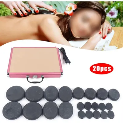 Immagine prodotto di Set per massaggio con pietre calde - Kit base - 20 pietre di basalto per massaggio con riscaldatore - Ideale per spa, massaggi alla schiena e relax - Colore nero naturale