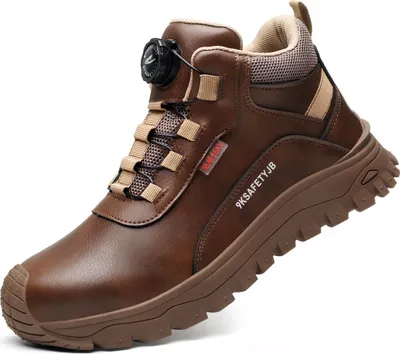 A single brown work boot is shown against a white background.