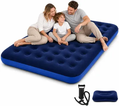Produktbild von Pfauenblau Luftmatratze 152x203x22cm, Aufblasbares Luftbett 2 Personen mit Handpumpe & aufblasbarem Kissen, Camping Luftmatratze als Gästebett für Indoor Outdoor