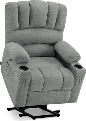 A gray recliner chair with a lift assist mechanism.