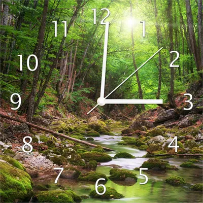 Produktbild von Wallario Design Wanduhr Fluss im Wald aus Echtglas, Größe 30 x 30 cm