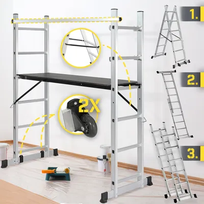 Produktbild von Timbertech® Gerüst - 4 in 1, Anti Rutsch, Verstellbar, mit Rollen, bis 150 kg, Faltbar - Rollgerüst, Arbeitsplattform, Mehrzweckleiter, Alu Leiter