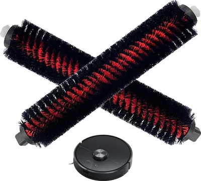 Two black and red roller brushes are crossed over each other, with a small black robot vacuum cleaner below.