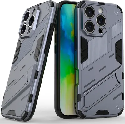 Produktbild von Armor Hülle für iPhone 16 Pro Hybrid PC TPU Bumper Stoßfestes Schutzhülle mit Standfunktion Grau
