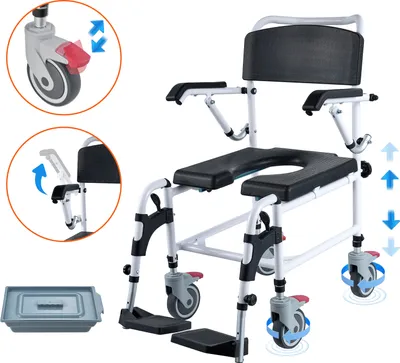 A shower-toilet wheelchair with various features highlighted by diagrams and arrows.