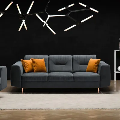 Obrázek produktu pro Klasická pohovka Venezia stylová 3místná pohovka s kovovými nohami čalouněná pohovka v moderním stylu 233 cm, látka: bluvel 14 - tmavě šedá, barva nohou: měděná.