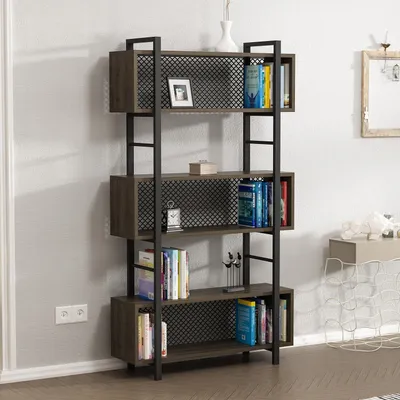 A tall, four-shelf bookshelf with a walnut finish and black metal frame, filled with books and decorative items, placed against a light gray wall with a white electrical outlet.