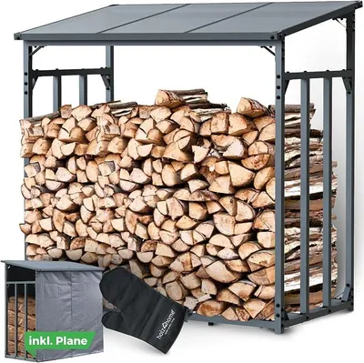 Imagen del producto de Estantería para leña exterior, almacenamiento de madera. Dimensiones: 140 x 70 x 145 cm (largo x ancho x alto). Estantería para leña que incluye un guante para el horno. Cubierta con ayuda para apilar la leña