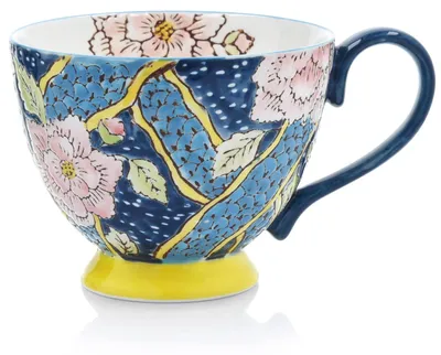 Image de Tasse à café, tasse en porcelaine, mug à café - DUKA. Mug en grès avec motif floral, 350 ml, bleu marine et jaune, motif floral