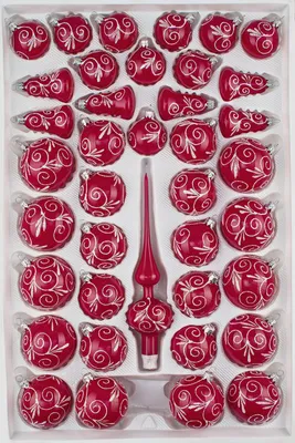 Produktbild von 39 tlg. Glas-Weihnachtskugeln Set in Hochglanz Modern Rot Weisse Ornamente