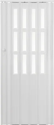 A white folding door with glass panels.