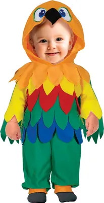A baby wearing a parrot costume.