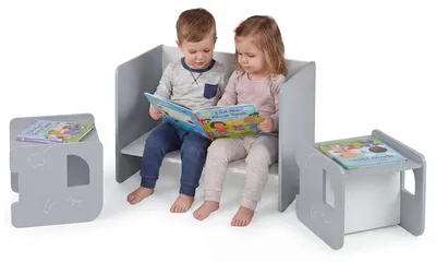 Produktbild von COSTWAY 6 in 1 Kindertisch, Kinder Tisch & Stuhl Set mit Tafel, Stauraum & Bücherregal, Maltisch, Spieltisch, Kindersitzgruppe für Kinder ab 3+, Grau