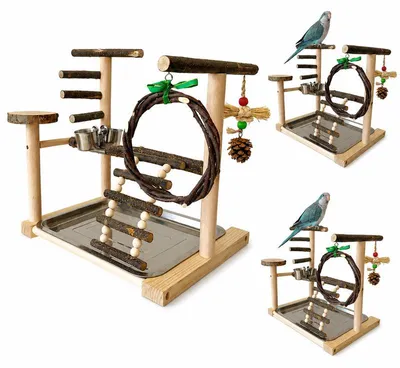 Produktbild von Vogelspielplatz aus Naturholz, Papageienspielplatz mit Leiter, Schaukel & Futternapf, Vogel Kletterspielzeug für Wellensittich, Nymphensittich & Kanarienvogel