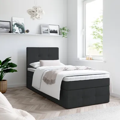 Produktbild von Bett, Boxspringbett MERA PREMIUM MINI 90x200cm + Topper T25 mit Bettkästen, Einzelbett, Stauraum, Polsterbett, (Schwarz - AURA 18)