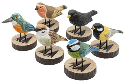 Holzvogel-Set 6-teilig, handbemalt, 12 x 10 cm, Gartenvögel