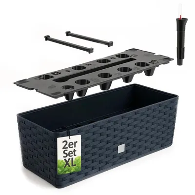 Produktbild von BigDean 2 Stück Blumenkasten mit Wasserspeicher Rattanoptik anthrazit 51x18x18cm