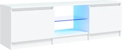 A white media console with integrated LED lighting.