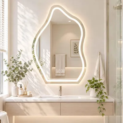 Zdjęcie produktu dla Lustro do łazienki LED Zimilo, asymetryczne, z oświetleniem, antyfogowe, ściemniane, 3 barwy światła, panel dotykowy, 40x60 cm