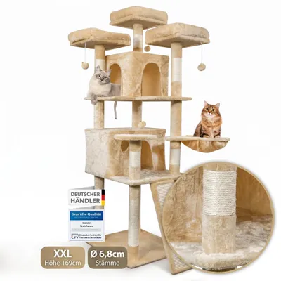 Produktbild von Foxdevil by xonic® Stabiler Kratzbaum für Katzen [165 cm] - Großer Katzenkratzbaum mit 3 Aussichtsplattformen, Liegemulde, 2 Kuschelhöhlen, 3 Spielbällen & Kratzbrett-Treppe ? ([V2 Beige])
